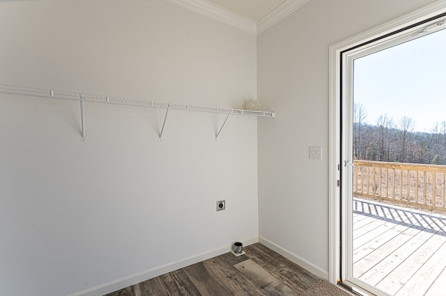 laundry room with ornamental molding, electric dryer hookup, and dark hardwood / wood-style flooring