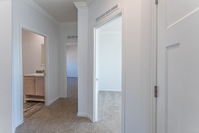 corridor with sink, ornamental molding, light colored carpet, and a textured ceiling