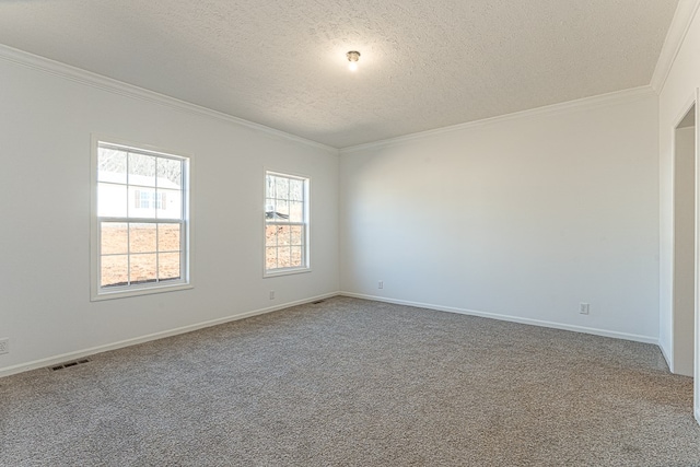 carpeted spare room featuring crown molding and a textured ceiling