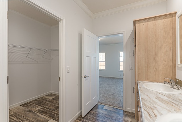 bathroom with vanity, crown molding, and hardwood / wood-style flooring