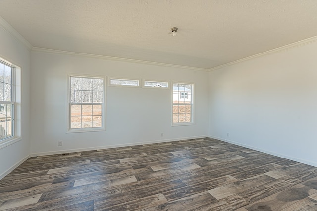 spare room with crown molding, dark hardwood / wood-style floors, and a textured ceiling