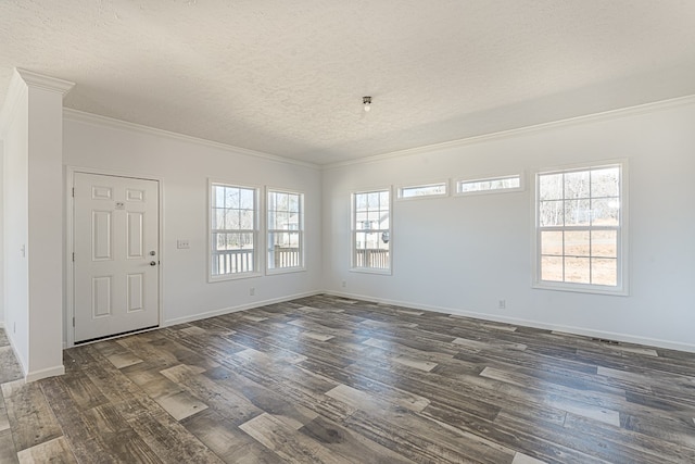 interior space featuring crown molding, dark hardwood / wood-style floors, and a textured ceiling