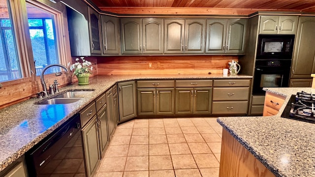 kitchen featuring light tile patterned floors, wooden ceiling, light stone countertops, black appliances, and sink