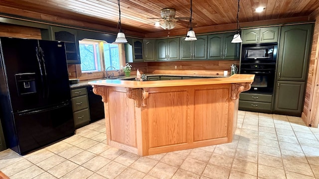 kitchen featuring wood ceiling, a center island with sink, hanging light fixtures, black appliances, and sink