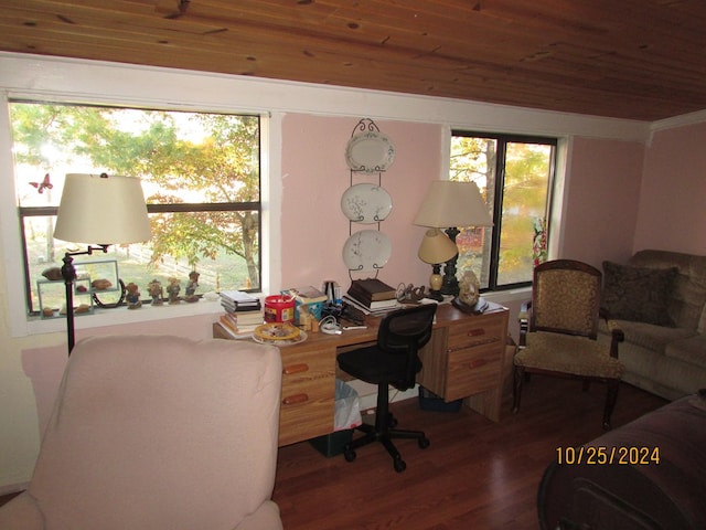 office space with wood ceiling and hardwood / wood-style flooring