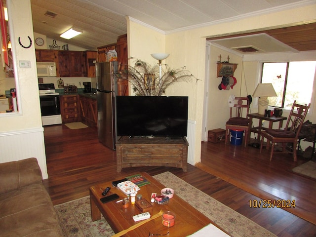 living room featuring dark wood-type flooring, crown molding, wooden ceiling, and vaulted ceiling