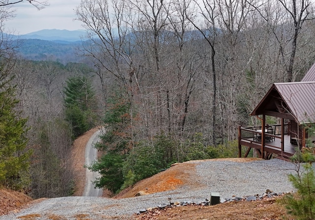 exterior space with a wooded view