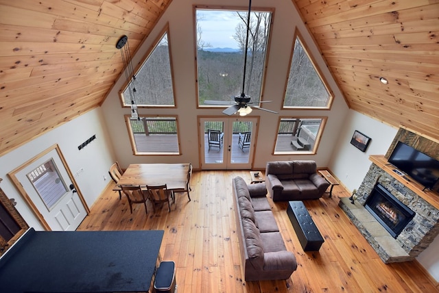 living area with wooden ceiling, plenty of natural light, a fireplace, and wood-type flooring