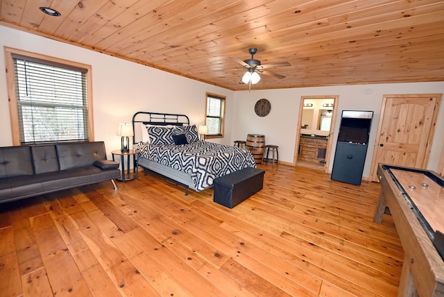 bedroom with light wood finished floors, ensuite bath, wood ceiling, and crown molding