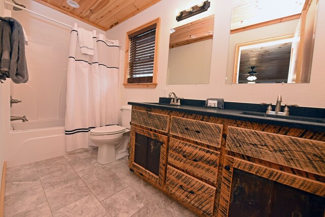 full bathroom with toilet, a sink, wood ceiling, double vanity, and shower / bath combination with curtain