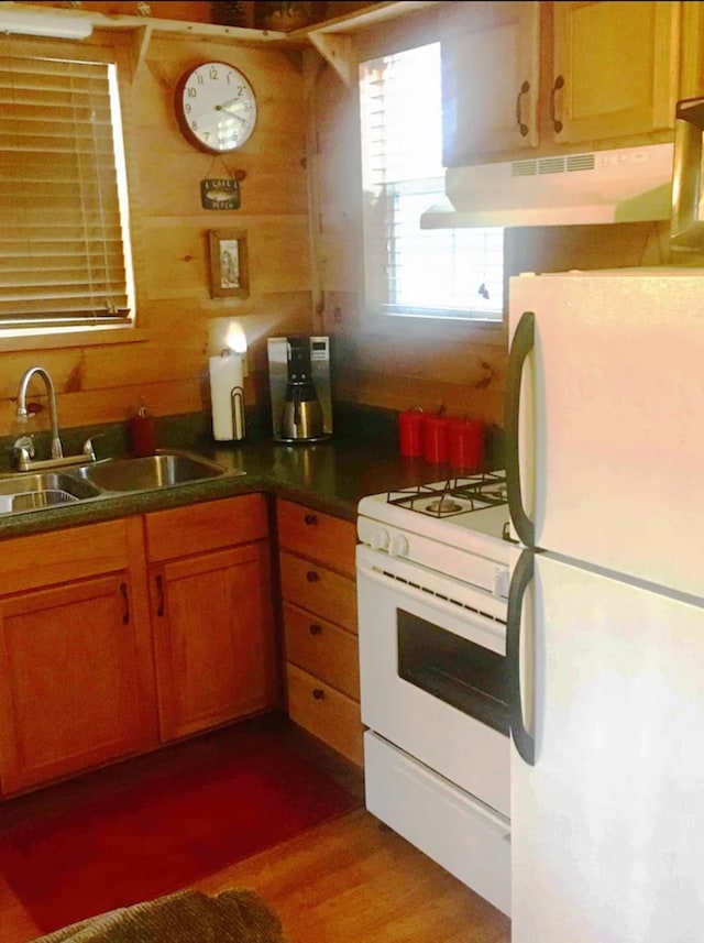 kitchen featuring white appliances, wood walls, wood-type flooring, and sink