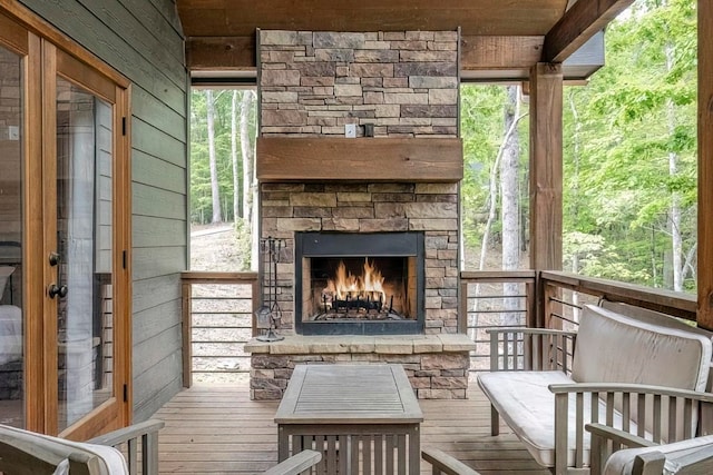 1085 Dills Rd, Blue Ridge, GA 30513 - wooden deck with an outdoor stone fireplace