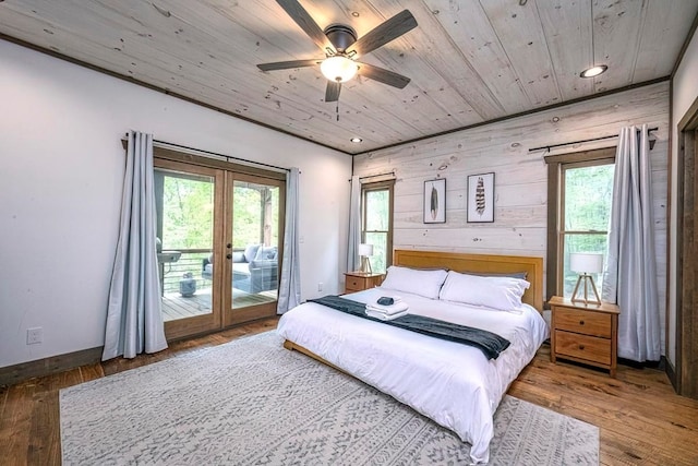 1085 Dills Rd, Blue Ridge, GA 30513 - bedroom with access to outside, wooden ceiling, wooden walls, wood finished floors, and recessed lighting