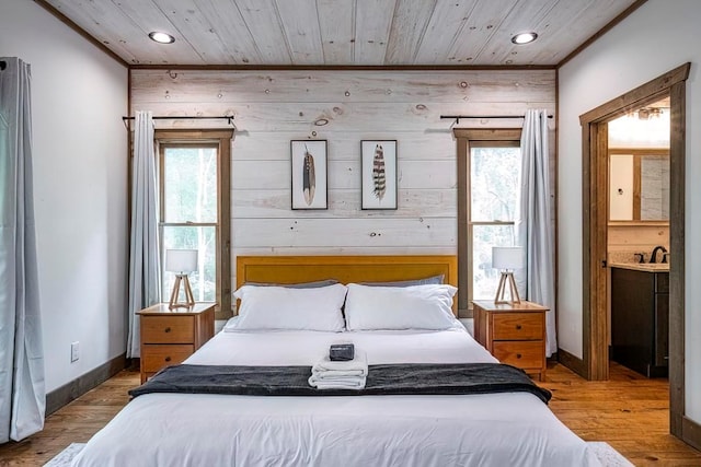 1085 Dills Rd, Blue Ridge, GA 30513 - bedroom featuring recessed lighting, baseboards, multiple windows, wooden walls, and wooden ceiling