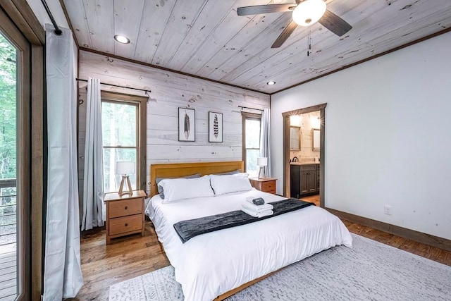 1085 Dills Rd, Blue Ridge, GA 30513 - bedroom with wooden ceiling, recessed lighting, baseboards, wood walls, and wood finished floors