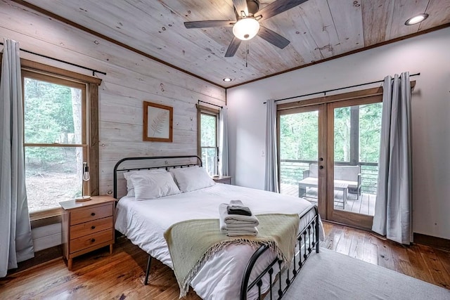 1085 Dills Rd, Blue Ridge, GA 30513 - bedroom featuring wooden ceiling, access to outside, french doors, wood walls, and wood-type flooring