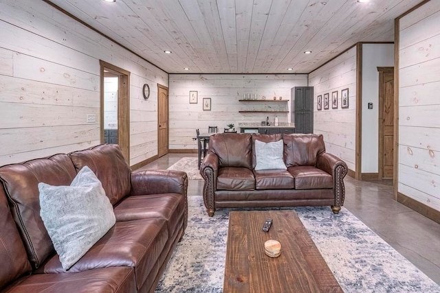 1085 Dills Rd, Blue Ridge, GA 30513 - living room featuring concrete flooring, recessed lighting, baseboards, wooden walls, and wood ceiling