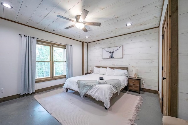 1085 Dills Rd, Blue Ridge, GA 30513 - bedroom with recessed lighting, wooden ceiling, finished concrete floors, wood walls, and baseboards