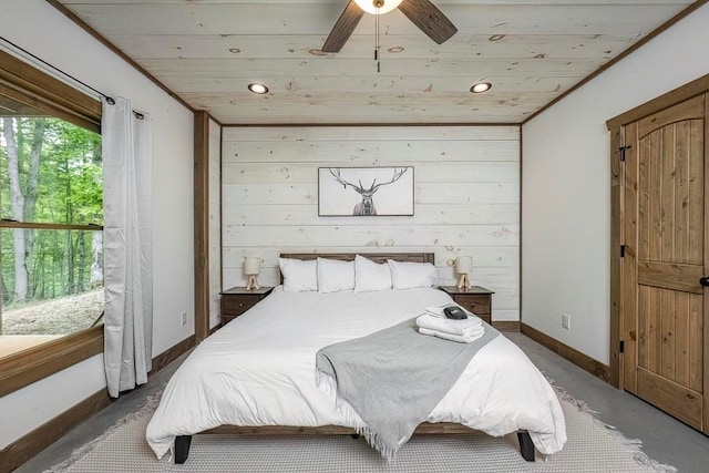 1085 Dills Rd, Blue Ridge, GA 30513 - bedroom with wooden ceiling, recessed lighting, baseboards, wood walls, and a ceiling fan