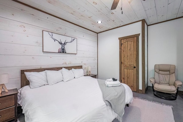 1085 Dills Rd, Blue Ridge, GA 30513 - bedroom with wood ceiling, concrete flooring, wooden walls, recessed lighting, and a ceiling fan