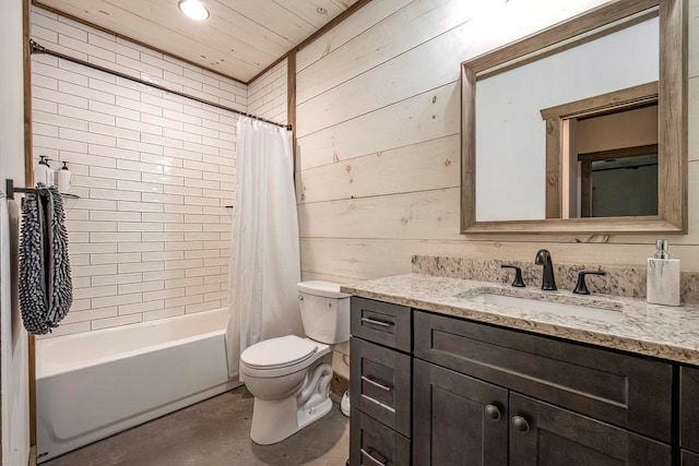 1085 Dills Rd, Blue Ridge, GA 30513 - full bath featuring toilet, vanity, shower / bathtub combination with curtain, wood walls, and concrete flooring