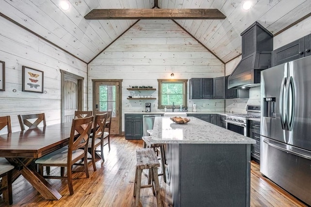 1085 Dills Rd, Blue Ridge, GA 30513 - kitchen with stainless steel appliances, light wood-type flooring, a kitchen island, a sink, and wooden ceiling