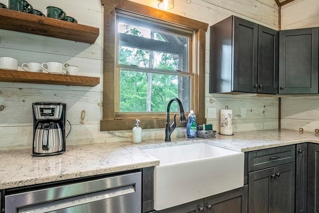 1085 Dills Rd, Blue Ridge, GA 30513 - kitchen featuring open shelves, dishwasher, a sink, backsplash, and light stone countertops