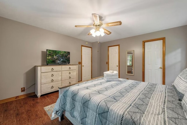 bedroom featuring ceiling fan and dark hardwood / wood-style flooring