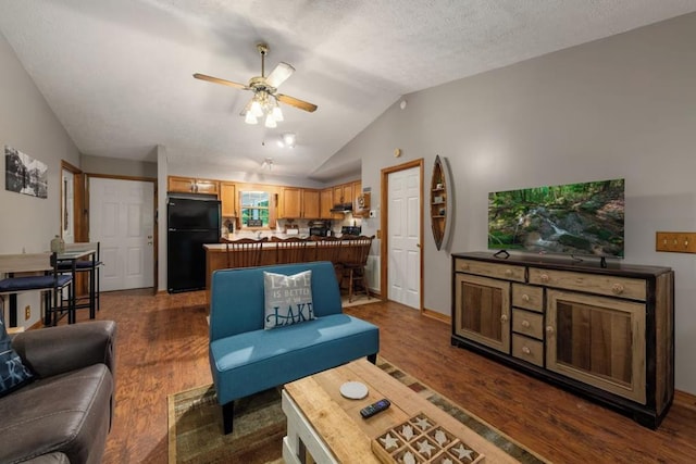 living room featuring dark wood-type flooring, ceiling fan, lofted ceiling, and a textured ceiling