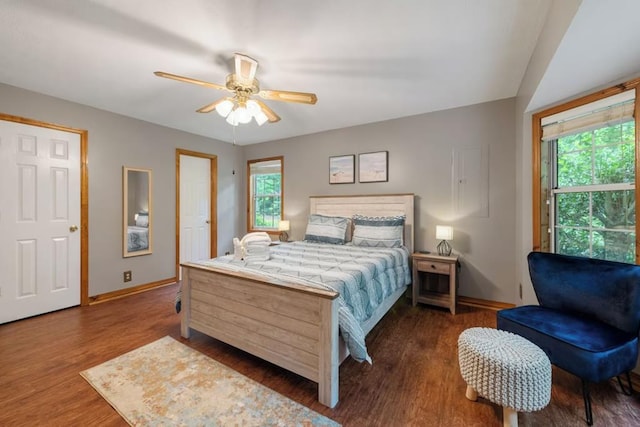 bedroom with dark hardwood / wood-style floors and ceiling fan