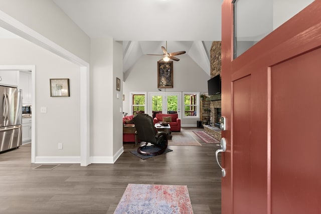 457 Celie Ann Seabolt Rd, Cleveland, GA 30528 - foyer with ceiling fan, wood finished floors, a fireplace, baseboards, and high vaulted ceiling