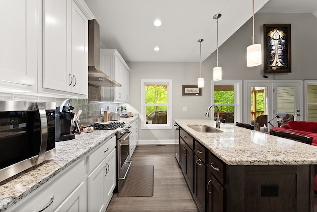 457 Celie Ann Seabolt Rd, Cleveland, GA 30528 - kitchen featuring a sink, appliances with stainless steel finishes, wall chimney range hood, white cabinets, and dark wood finished floors