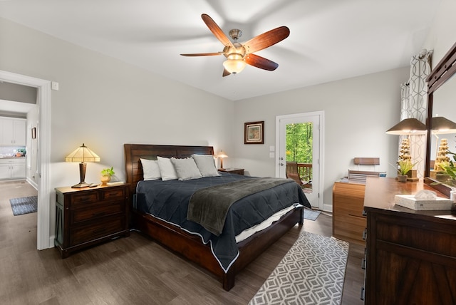 457 Celie Ann Seabolt Rd, Cleveland, GA 30528 - bedroom with access to exterior, dark wood finished floors, and a ceiling fan