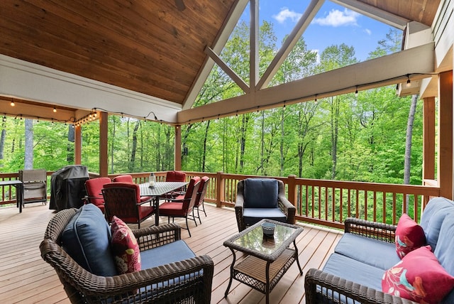 457 Celie Ann Seabolt Rd, Cleveland, GA 30528 - wooden deck with outdoor dining space, grilling area, an outdoor living space, and a view of trees
