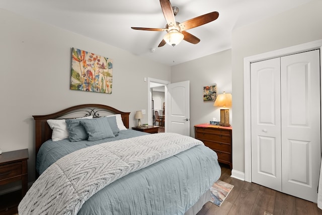 457 Celie Ann Seabolt Rd, Cleveland, GA 30528 - bedroom featuring a closet, dark wood-type flooring, a ceiling fan, and baseboards