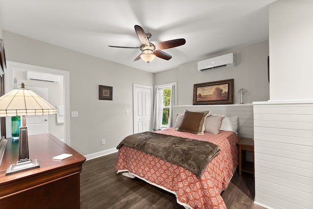 457 Celie Ann Seabolt Rd, Cleveland, GA 30528 - bedroom with an AC wall unit, dark wood finished floors, baseboards, and ceiling fan