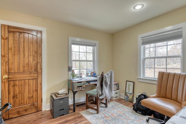 home office with wood finished floors and baseboards