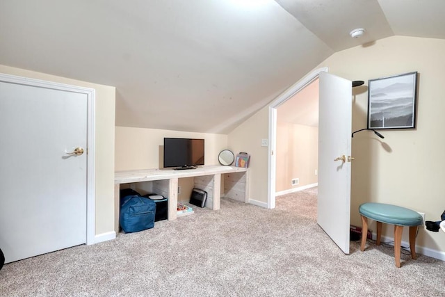 bonus room featuring carpet floors, vaulted ceiling, and baseboards