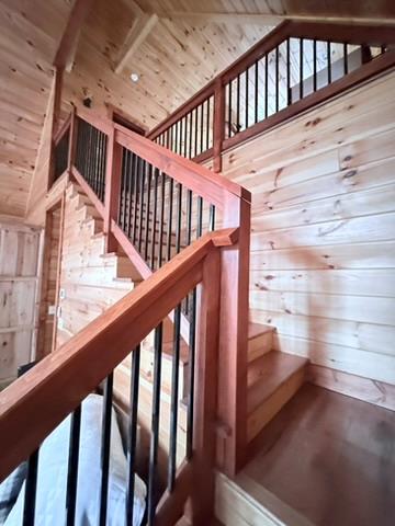 5575 Rainbow Springs Rd, Franklin, NC 28734 - stairs with wood walls, wooden ceiling, and high vaulted ceiling