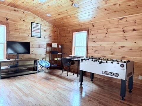 5575 Rainbow Springs Rd, Franklin, NC 28734 - rec room featuring vaulted ceiling, wood finished floors, wooden ceiling, wooden walls, and a desk