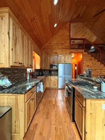 5575 Rainbow Springs Rd, Franklin, NC 28734 - kitchen featuring stainless steel appliances, lofted ceiling, light wood-style floors, wooden ceiling, and tasteful backsplash