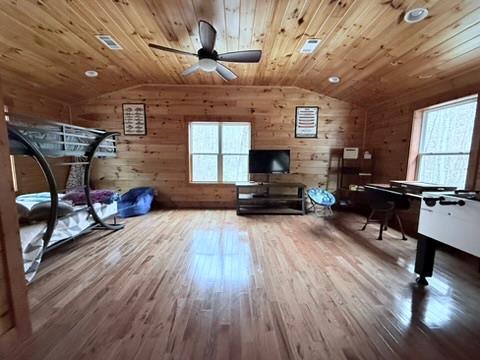 5575 Rainbow Springs Rd, Franklin, NC 28734 - workout room with lofted ceiling, wooden ceiling, wood-type flooring, healthy amount of natural light, and wood walls