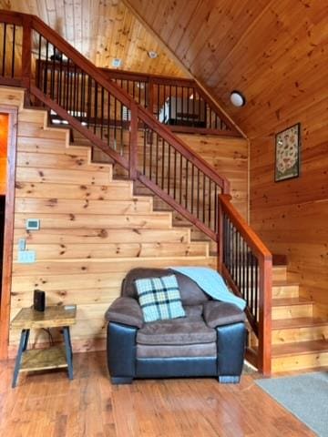 5575 Rainbow Springs Rd, Franklin, NC 28734 - stairway with wooden walls, wood ceiling, lofted ceiling, and wood-type flooring
