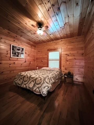 5575 Rainbow Springs Rd, Franklin, NC 28734 - bedroom featuring wood ceiling, wooden walls, and dark wood-type flooring