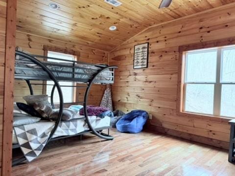5575 Rainbow Springs Rd, Franklin, NC 28734 - bedroom with wood finished floors, vaulted ceiling, wooden ceiling, and wood walls