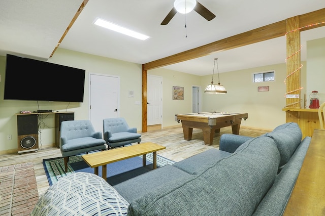 recreation room featuring beamed ceiling, billiards, light wood-type flooring, and ceiling fan