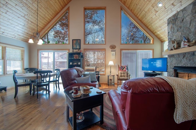 living room with hardwood / wood-style flooring, high vaulted ceiling, wooden ceiling, a fireplace, and a chandelier