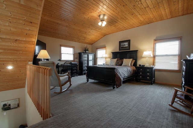 bedroom with dark carpet, lofted ceiling, and wooden ceiling