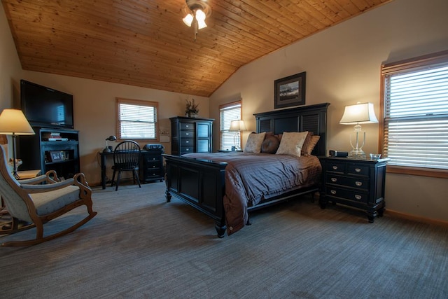 bedroom featuring ceiling fan, wood ceiling, lofted ceiling, and dark carpet