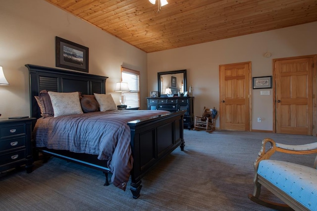 bedroom featuring dark carpet and wood ceiling